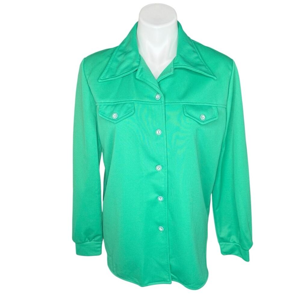 Vintage 1970s Green Button Down Shirt Pointed Collar Disco Blouse Retro Mod Top